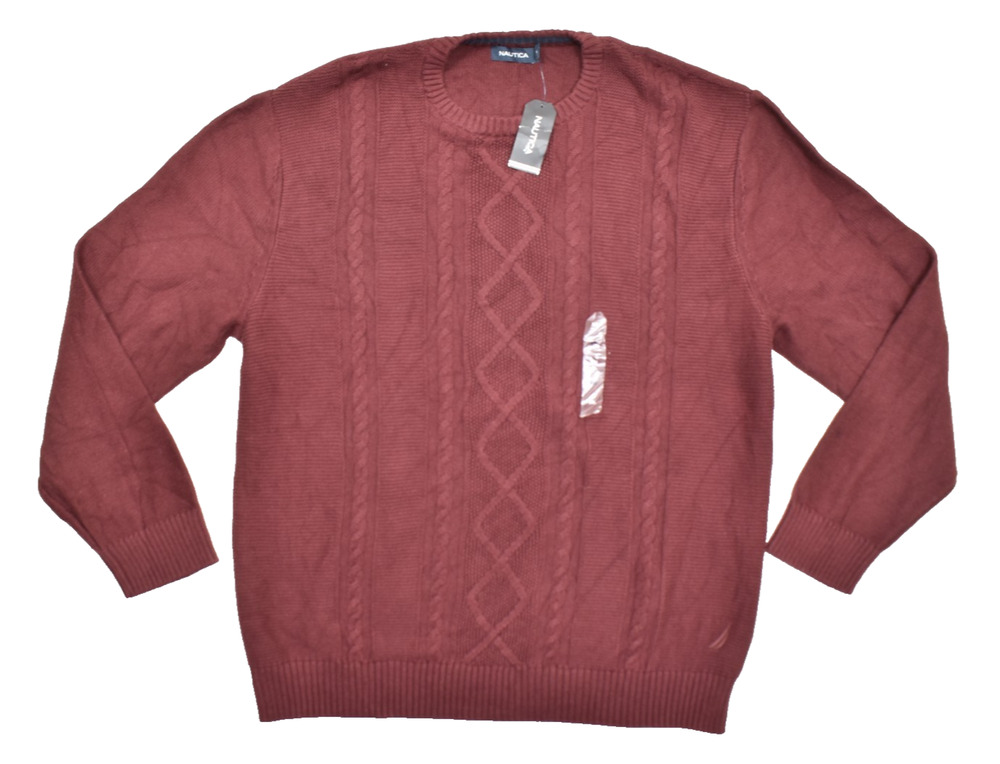Nautica Mens XXL Royal Burgundy Red Cable Knit Crewneck Cotton Sweater NWT